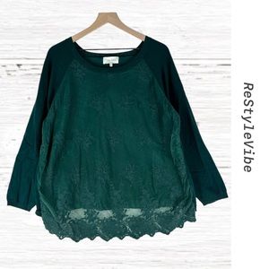SKIES ARE BLUE Women’s Size 2X Sweater Crewneck Floral Lace Overlay Green